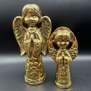 Vintage MCM Gold Shiny Metallic Ceramic Angel Set Christmas Mantle Decor  Retro